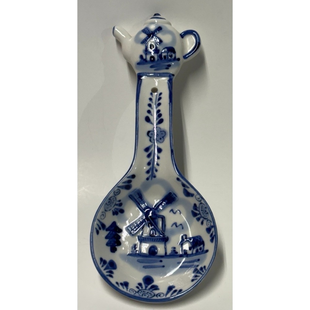 Vintage Delft Blue Hand Painted Windmill Spoon Rest Dutch Holland Ceramic 9"